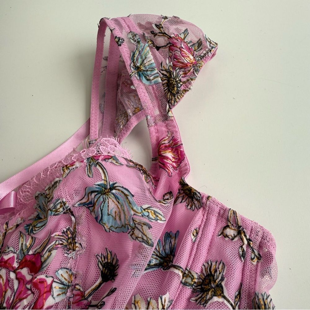 Victoria’s Secret Embroidery Cap-Sleeve Corset Top Lilac Chiffon Floral Large - Picture 11 of 12